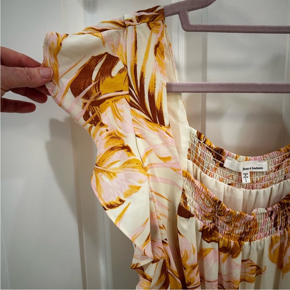 june & hudson Yellow Pink Palm Print Ruffle-Sleeve Wide-Leg Jumpsuit NWT Large - Picture 6 of 11